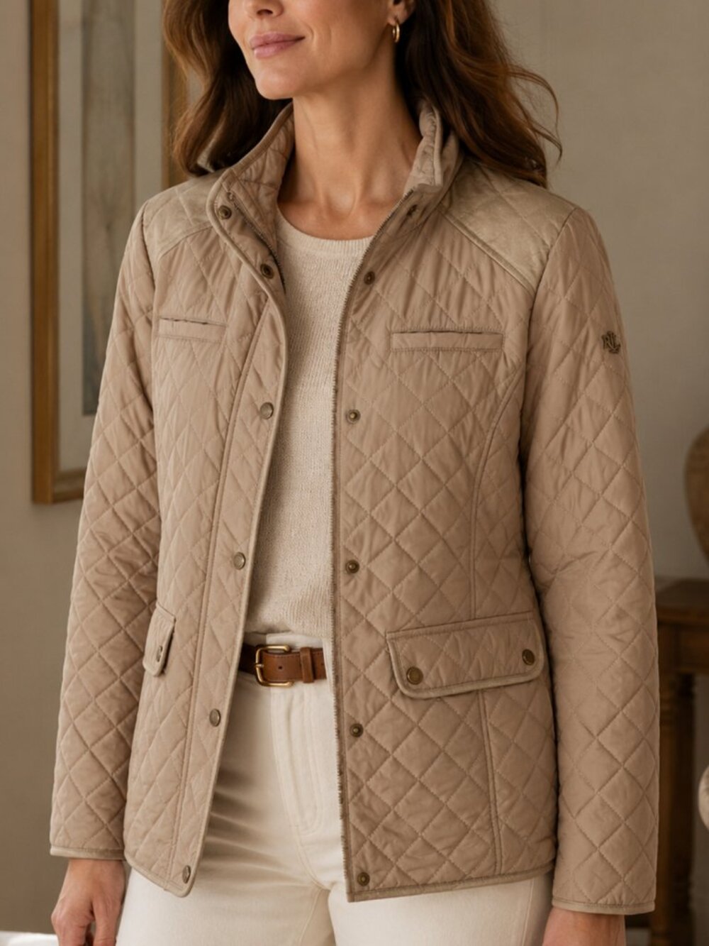 Lauren Ralph Lauren Diamond Quilted Mockneck Jacket S Birch Tan Quiet Luxury